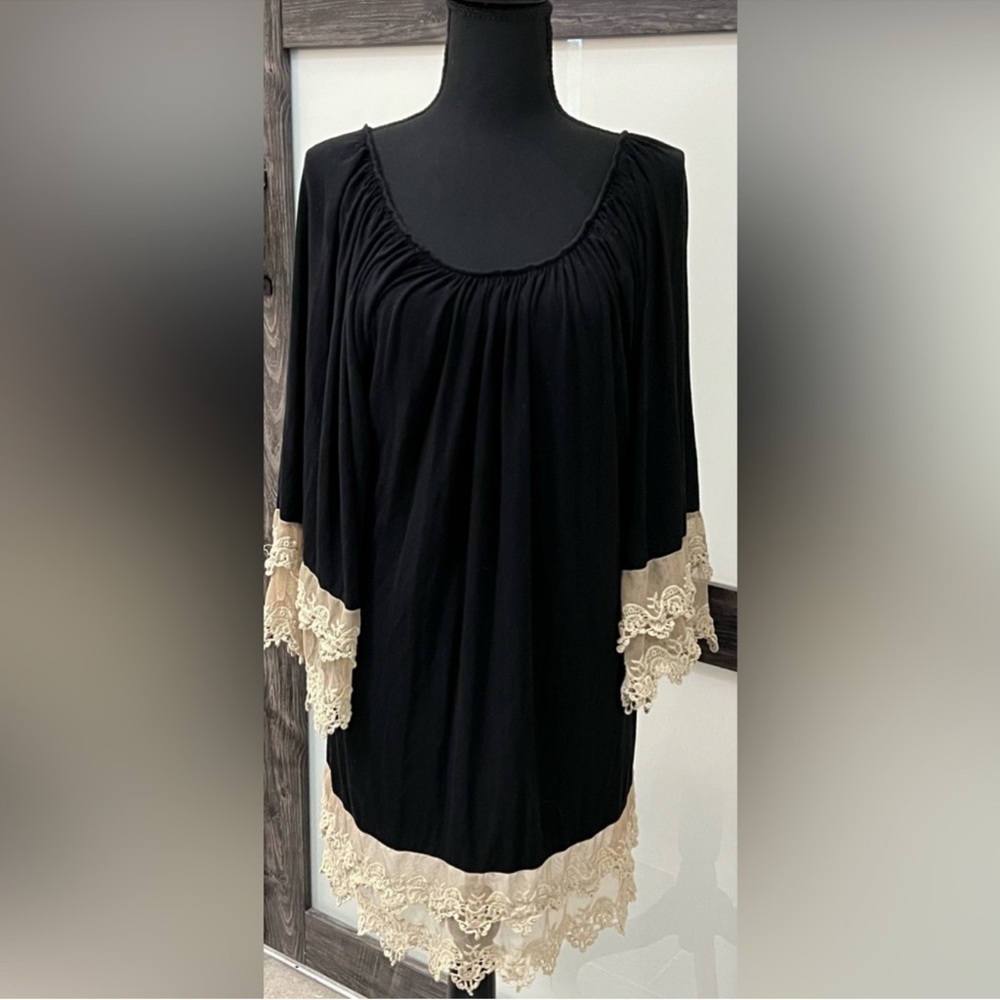 Chic Black Women's Blouse with Cream Lace Trim